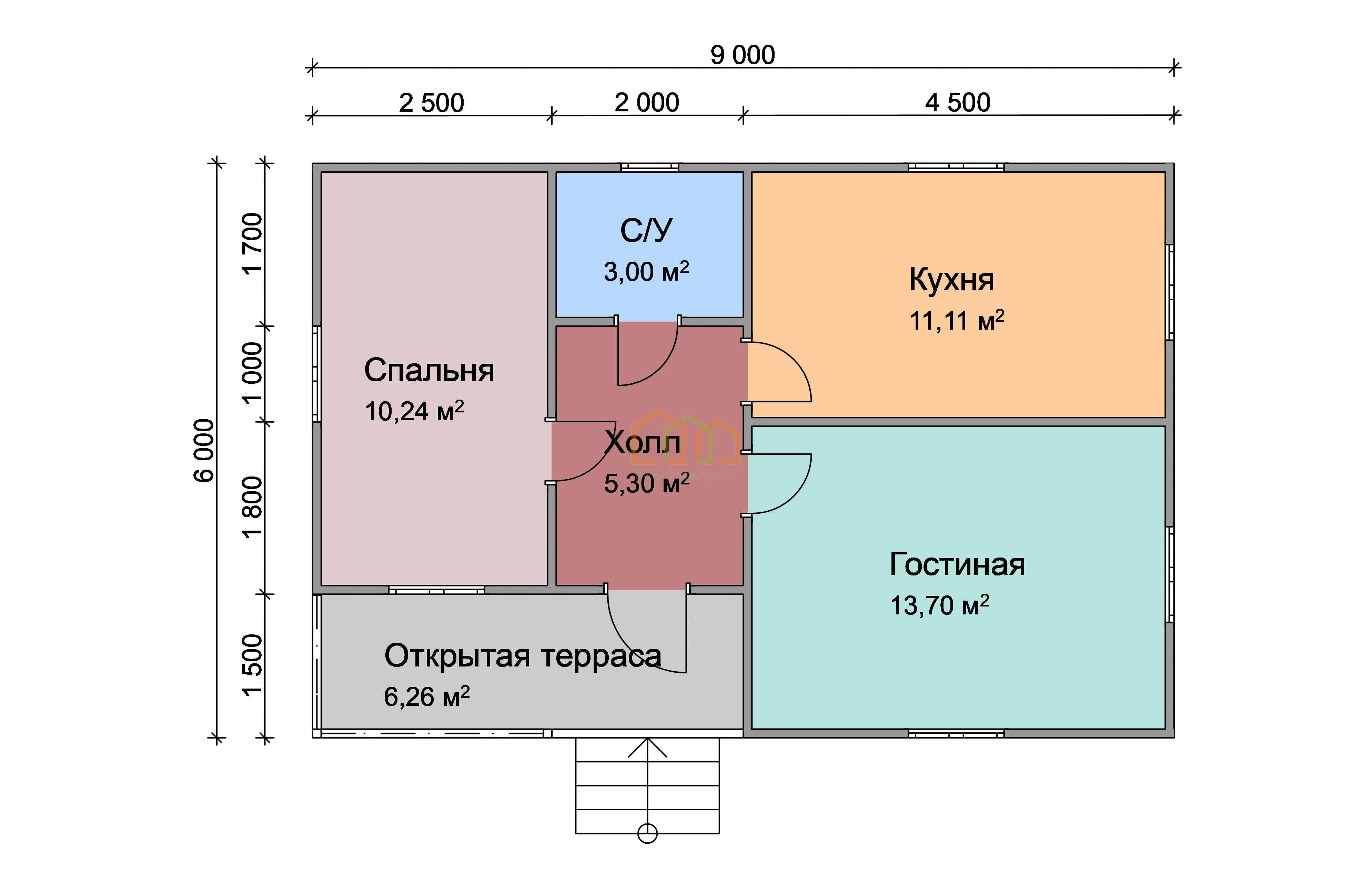 Дом из бруса одноэтажный 6х9 купить в Новозыбкове цена 1090000, площадь: 54  м2, Брус 90х140 мм. с террасой